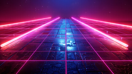 Poster - Cyan blue and purple grids neon glow light lines design on perspective floor, creativity, digital	