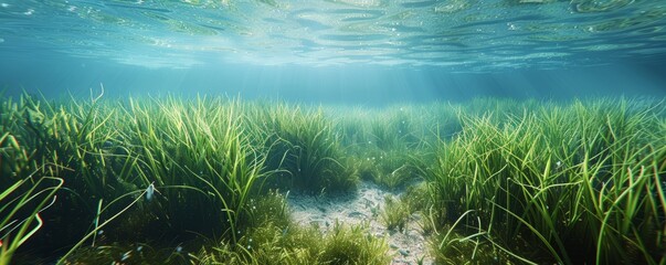 Poster - Serene seagrass meadow swaying with the current, 4K hyperrealistic photo