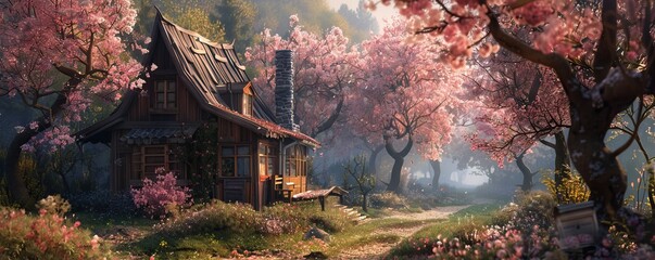 Sticker - Quaint cottage surrounded by blooming cherry blossoms, 4K hyperrealistic photo