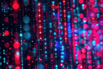 Poster - A room filled with strings of red and blue lights