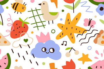 Aufkleber - Cute doodle pattern, seamless print. Endless background design with funny childish scribble drawings, creative kids elements. Childrens texture for textile and wrapping. Flat vector illustration