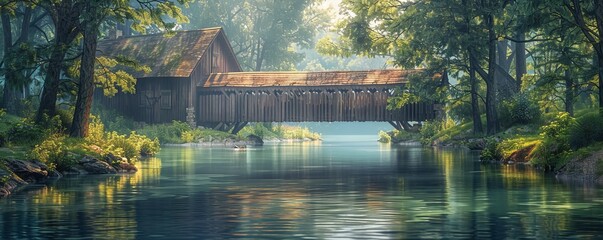 Canvas Print - Rustic covered bridge spanning a tranquil river, 4K hyperrealistic photo