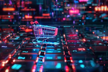 Wall Mural - A neon shopping cart rests on a digital keyboard. It combines elements of high technology with urban aesthetics.