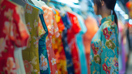 Wall Mural - close up of row of colorful summer dresses in a shop, with a elegant asian woman standing in the background