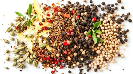 Poster - A close-up view of various spices piled up on a white surface