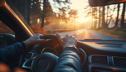 A man in love driving a car along a road along a forest during sunset.