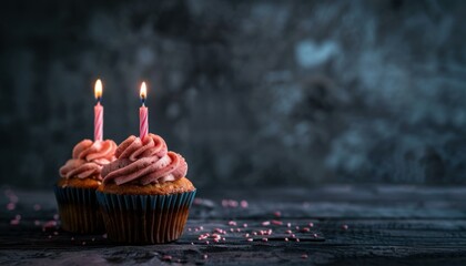 Wall Mural - Two cupcakes with pink frosting and lit candles on a dark blue background. AI.