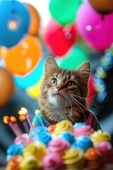 Poster - A cute cat wearing a party hat sits in front of a cake with lit candles. AI.