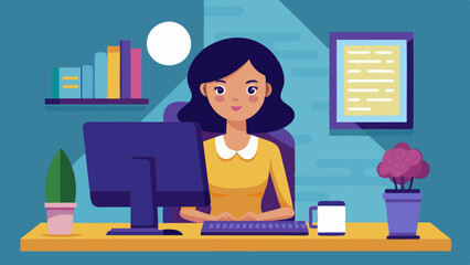 Wall Mural - This female avatar sitting at a computer vector art illustration