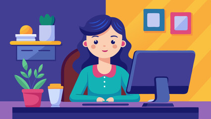 Wall Mural - This female avatar sitting at a computer vector art illustration