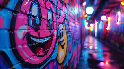 Wall Mural - vibrant graffiti alley with neon lights and cartoon characters, colorful street art and hip-hop culture symbols, dynamic and energetic urban scene