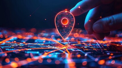 Aufkleber - Glowing Digital Map Location Pin on Futuristic Circuit Board with Hand