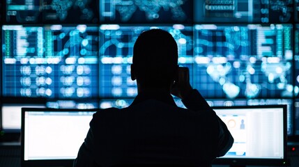 Poster - Silhouette of a logistics manager at a control center, with screens displaying transportation networks and generous copyspace.