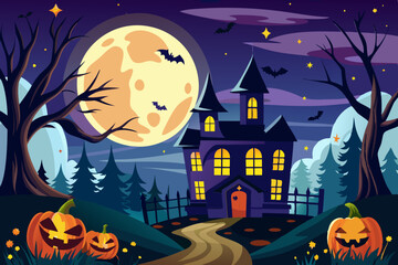 Canvas Print - Halloween background with haunted house ilustration