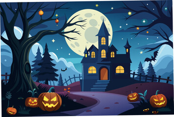 Canvas Print - Halloween background with haunted house ilustration