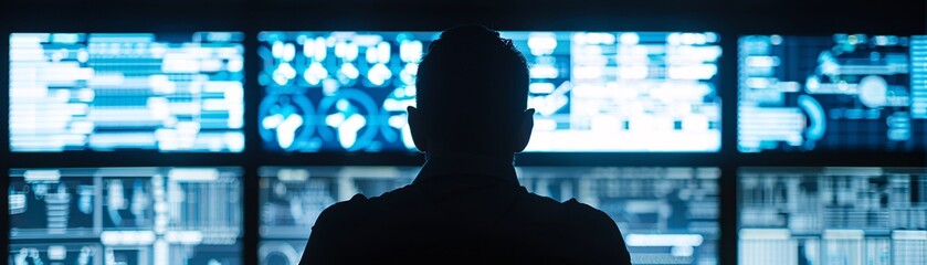 Poster - Silhouette of a manager monitoring live logistics data on multiple screens, with a clear focus on routing and ample copyspace.
