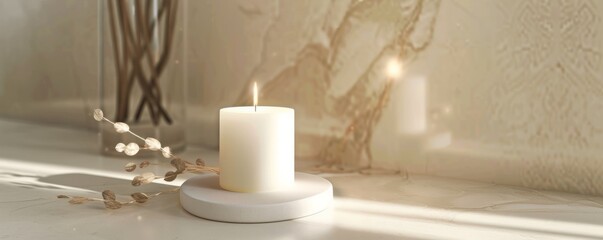 Wall Mural - Isolated white candle on white background mockup, 4K hyperrealistic photo