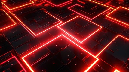 Wall Mural - Futuristic neon red grid with glowing squares and lines.