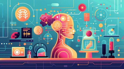 Poster - AI experiments, physics lab, flat design illustration