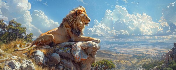 Wall Mural - A photorealistic painting of a majestic lion surveying its pride from atop a rocky outcrop.