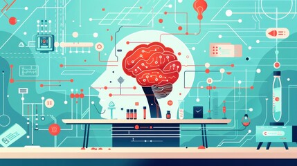 Poster - AI in laboratories, advanced research equipment, flat design illustration