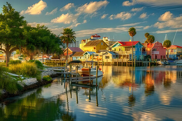 Canvas Print - Serenely situated on the waterfront, this picturesque fishing village at Johns Pass in St Pete Beach, Tampa Florida, exudes charm with its colorful buildings and tranquil atmosphere.