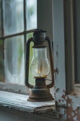 Aufkleber - A traditional oil lamp sits on a window sill, ready for use