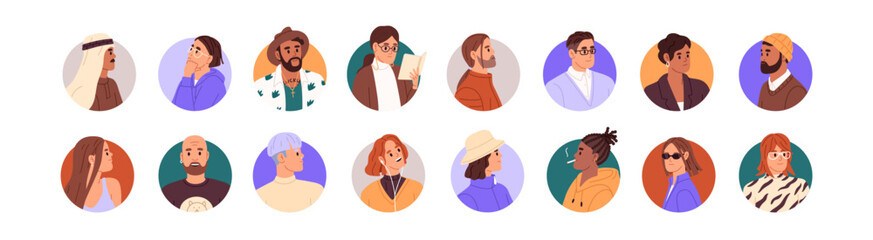 Poster - Round avatars of diverse people set. Different men and women heads in circle frame for user profile. Various stylish male and female portraits. Flat isolated vector illustrations on white background