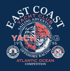 Wall Mural - East coast yacht club sailing adventure vector print for kid boy man  shirt with applied embroidered patches