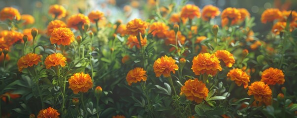 Wall Mural - Vibrant marigold flowers adding color to a garden, 4K hyperrealistic photo