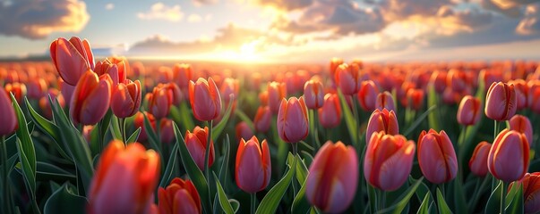 Canvas Print - Vibrant field of tulips stretching towards the horizon, 4K hyperrealistic photo