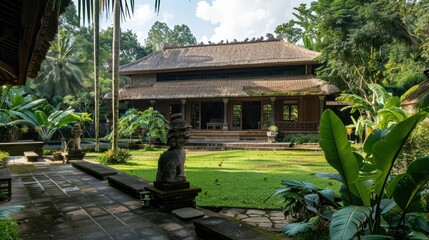 Traditional wooden house with lush green surroundings