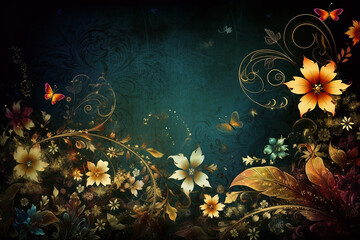 Wall Mural - fantasy flowers in golden colours on dark background