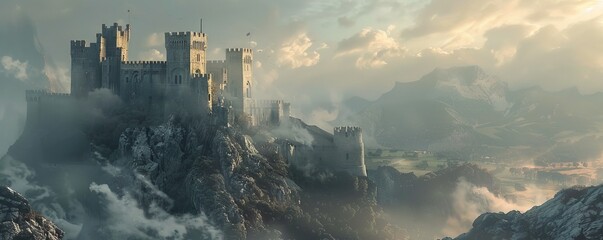 Wall Mural - Medieval castle perched atop rocky hill with reaching towers