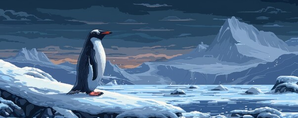 Wall Mural - A pixel art illustration of a playful penguin waddling across the ice, its black and white plumage contrasting with the icy landscape.