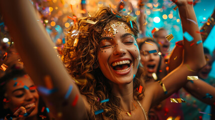 Close-up of a young woman having fun on the dance floor at night. Beautiful woman at a night party relaxing. Concept of fun, relaxation.