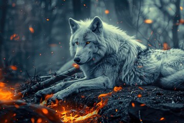 Poster - A white wolf is lying on a rock in the woods