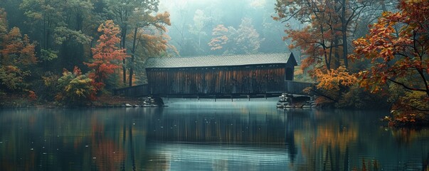 Canvas Print - Rustic covered bridge spanning a tranquil river, 4K hyperrealistic photo