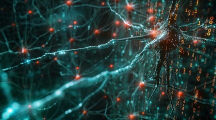 Poster - artificial intelligence concept with neural network representation and binary code background, highl