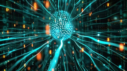 Poster - artificial intelligence concept with neural network representation and binary code background, highl
