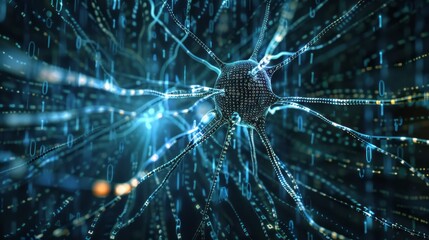 Poster - Conceptual artificial neuron illustration with binary code wall, symbolizing artificial intelligence and information transmission