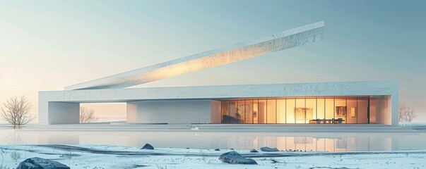 Poster - A photorealistic depiction of a modern art museum with its geometric shapes and minimalist design, inviting visitors to explore its vast collection of art.