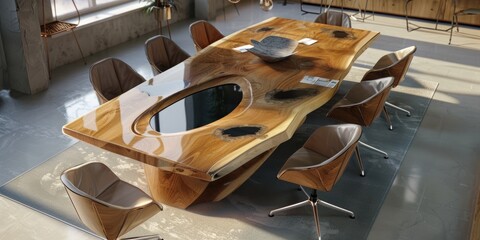 Poster - A large wooden dining table surrounded by chairs, perfect for family gatherings or special occasions