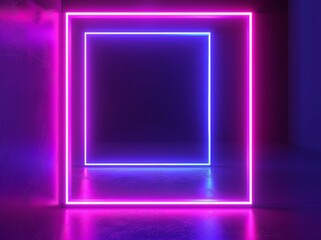 Poster - Three-dimensional render, glowing lines, tunnel, neon lights, virtual reality, abstract background, square portal, arch, vibrant colors, pink blue spectrum, and laser show