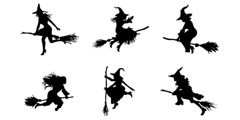 Wall Mural - Set of witches riding broomsticks flying in the form of black silhouettes on a white background.