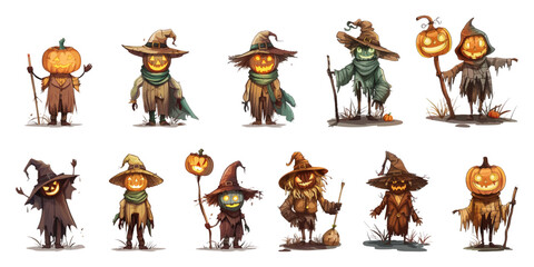 Wall Mural - Set of scarecrows for Halloween in cartoon style on a white background.