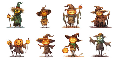 Wall Mural - Set of scarecrows for Halloween in cartoon style on a white background.