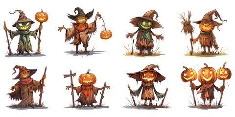 Wall Mural - Set of scarecrows for Halloween in cartoon style on a white background.