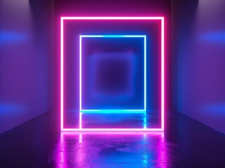 Poster - Rendering in three dimensions, glowing lines, a tunnel, neon lights, virtual reality, abstract background, a square portal, arch, vibrant colors, radiant pink blue spectrum, laser show