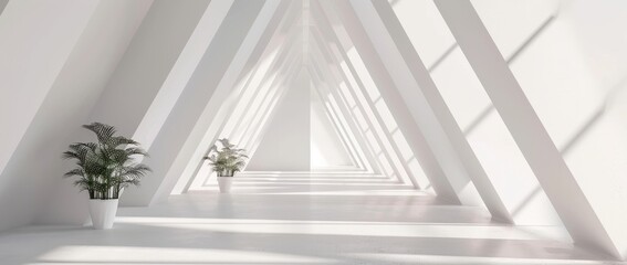 Poster - 3D rendering of an empty long light corridor against a modern white background. A futuristic sci-fi triangle tunnel is seen in the distance.